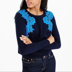 J. Crew Blue Lace Appliqué Embroidered Crew Neck S